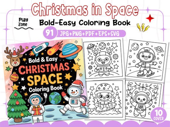 Bold and Easy Christmas Space Coloring Book Graphics for Digital Sellers