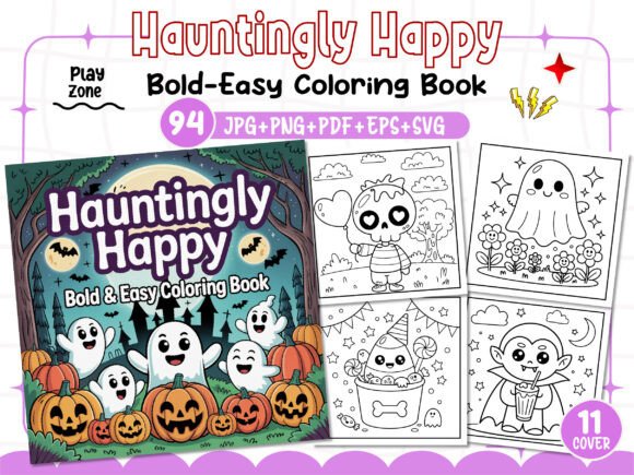 Bold and Easy Hauntingly Happy Coloring Book Graphics for Digital Sellers