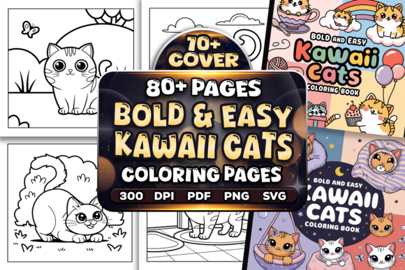 Bold and Easy Kawaii Cats Coloring Pages Graphics