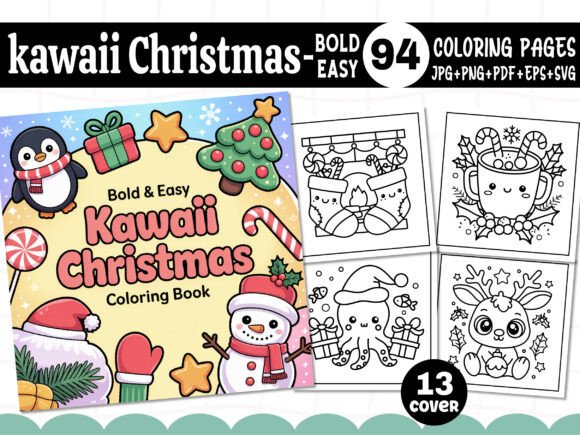 Bold Easy Kawaii Christmas Coloring Book – A Festive Graphic Design Asset for Local Businesses