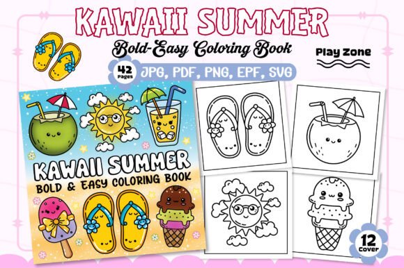 Bold Easy Kawaii Summer Coloring Book Graphics and Coloring Pages