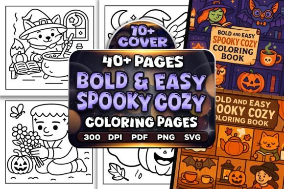 Bold Easy Spooky Cozy Coloring Pages: A Graphic Design Asset for Real Crafting
