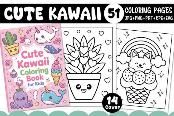 Cute Kawaii Coloring Book for Kids - KDP Graphics and Coloring Pages